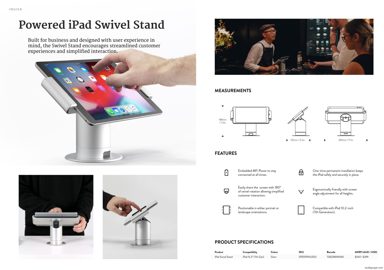 Studio proper stand powered swivel iPAD 10.2in POS Store